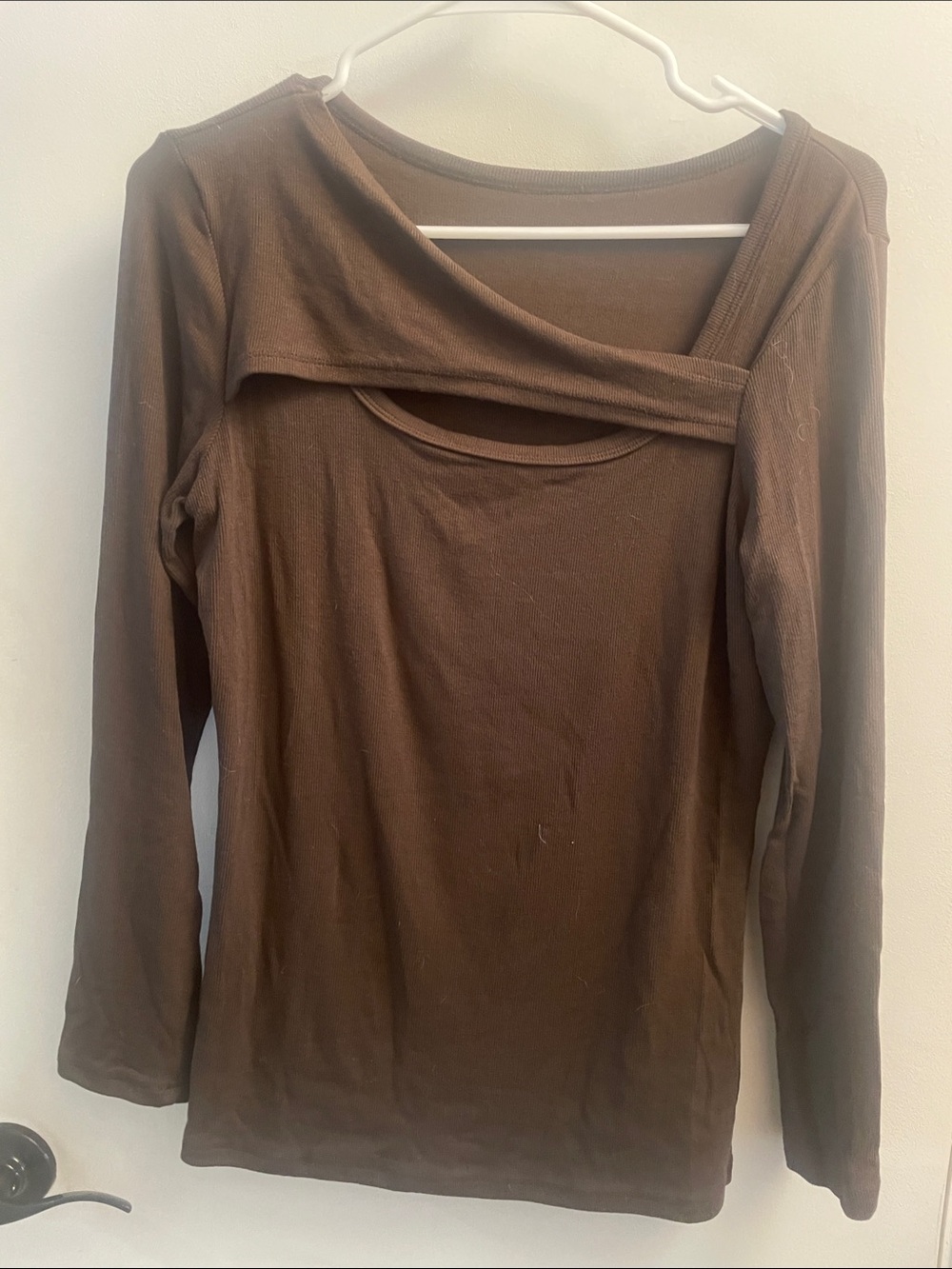 Asymmetric Neck Brown Long-Sleeve Tee
